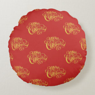 Gold Calligraphy Merry Kerstround Pillow Rond Kussen