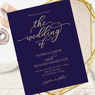 Gold Calligraphy Navy Blue Wedding Invitation Briefkaart