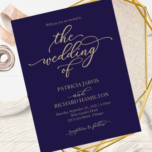 Gold Calligraphy Navy Blue Wedding Invitation Briefkaart