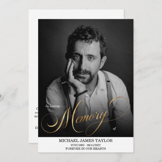 Gold Calligraphy Photo in Loing Memory Funeral Kaart (Voorkant / Achterkant)