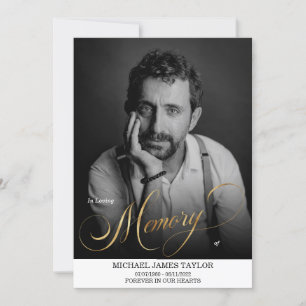 Gold Calligraphy Photo in Loing Memory Funeral Kaart