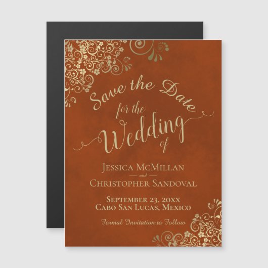 Gold Calligraphy Rust Oranje Save the Date Magnet (Voorkant / Achterkant)