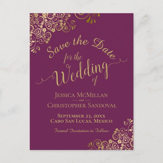 Gold Calligraphy Wedding Save the Date Magenta Aankondigingskaart (Voorkant)