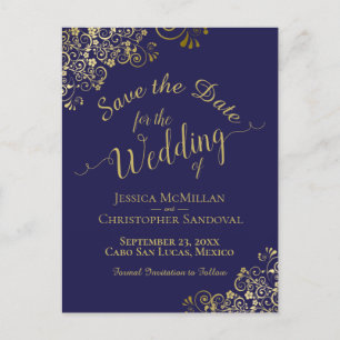 Gold Calligraphy Wedding Save the Date Navy Blue Aankondigingskaart