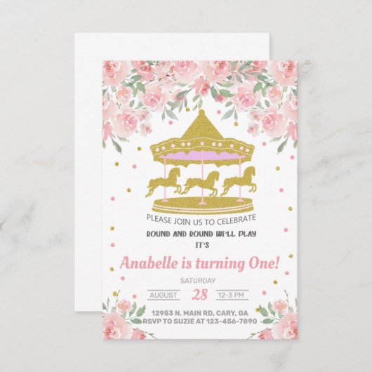 Gold carousel fille première invitation 1er annive (Devant / Derrière)