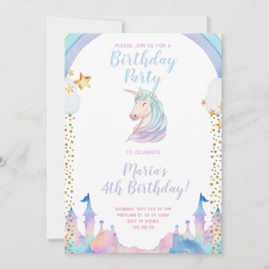 Gold Castle Unicorn Invitation Anniversaire (Devant)