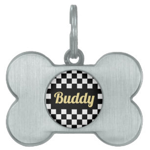Gold Cat Dog Name Modern Black White Gecontroleerd Huisdieren Naamplaatje