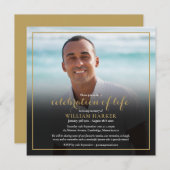 Gold Celebration of Life Funeral Photo Invitation (Devant / Derrière)