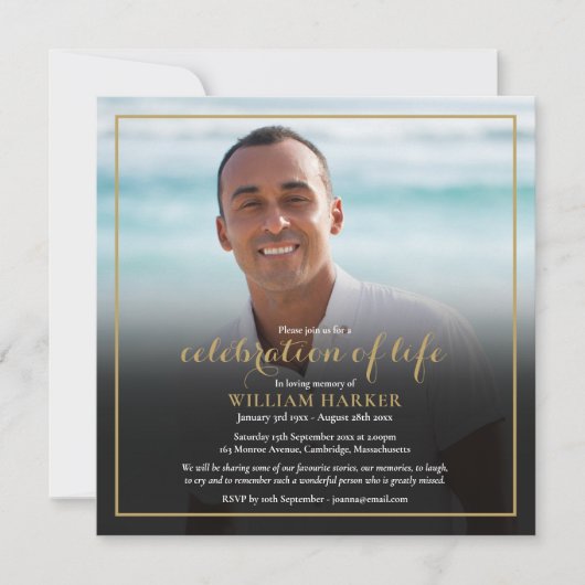 Gold Celebration of Life Funeral Photo Invitation (Devant)