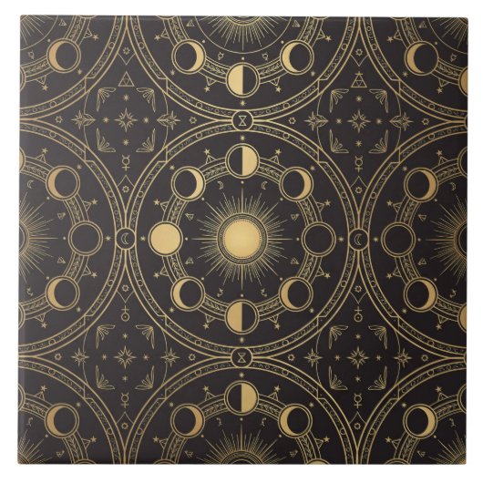 Gold Celestial Sun Moon Phases Geometric Pattern Tegeltje (Voorkant)