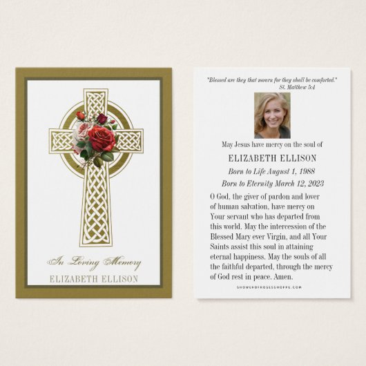Gold Celtic Cross Rozen Funeral Prayer Kaart (Voorkant /achterkant)