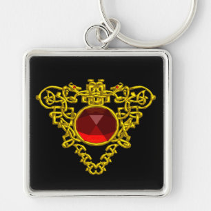 GOLD CELTIC HEART JEWEL MET RODE RUBY GEMSTONE SLEUTELHANGER