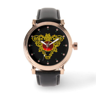 GOLD CELTIC HEART MET RODE RUBY, zwart Horloge