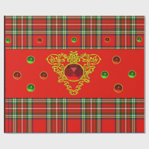 GOLD CELTIC HEART, RUBY, RED GREEN SCOTTISH TARTAN CADEAUPAPIER