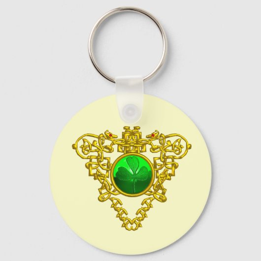 GOLD CELTIC HEART, SHAMROCK St Patrick's Day White Sleutelhanger (Voorkant)