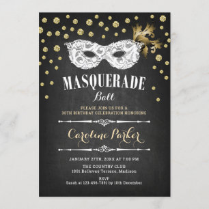 Gold Chalkboard Masquerade Ball Birthday Party Kaart