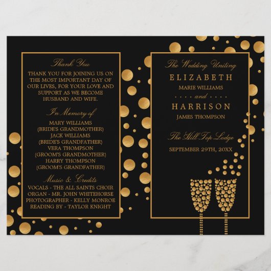 Gold Champagne Bubbles BlackGold Wedding Program (Voorkant)