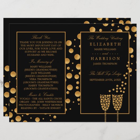 Gold Champagne Bubbles BlackGold Wedding Program (Voorkant / Achterkant)