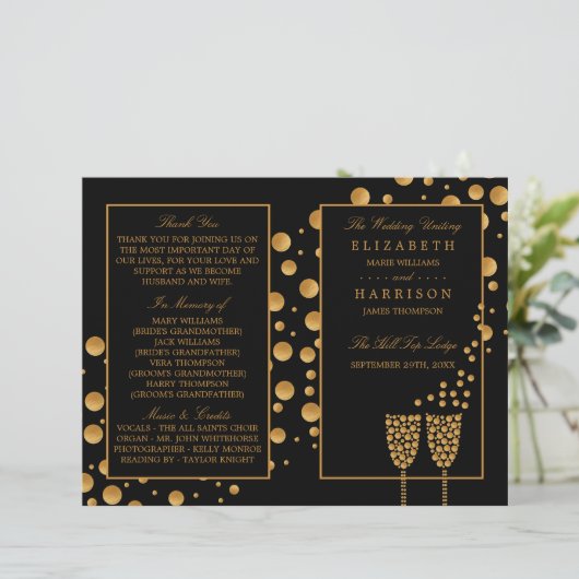 Gold Champagne Bubbles BlackGold Wedding Programme (Debout devant)