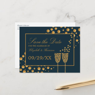 Gold Champagne Bubbles, blauw & goud, sparen de Da Aankondigingskaart