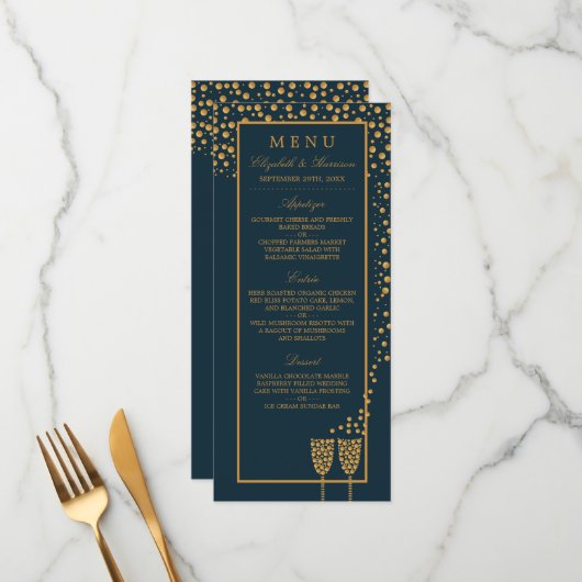 Gold Champagne Bubbles - Blue & Gold - Weddenschap Menu (Voorkant / Achterkant in situ)