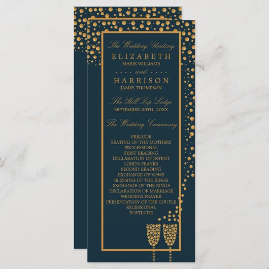 Gold Champagne Bubbles - Blue & Gold - Weddenschap Programma (Voorkant / Achterkant)