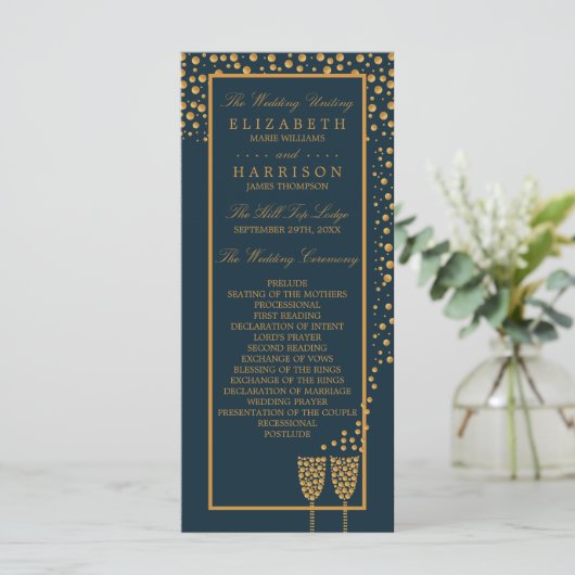 Gold Champagne Bubbles - Blue & Gold - Weddenschap Programma (Staand voorkant)