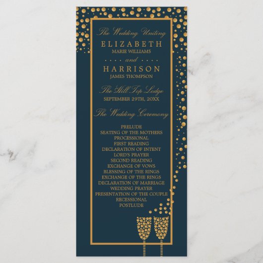 Gold Champagne Bubbles - Blue & Gold - Weddenschap Programma (Voorkant)