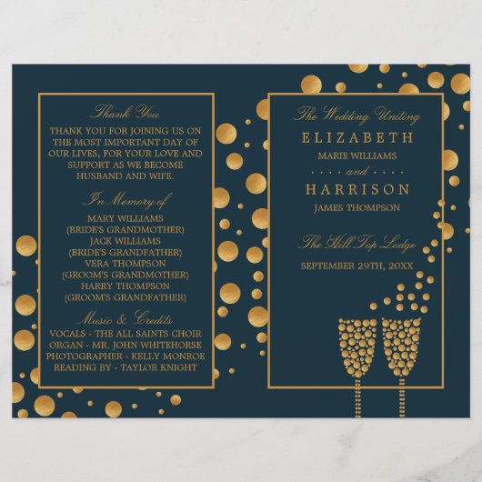 Gold Champagne Bubbles Blue/Gold Wedding Programme (Devant)