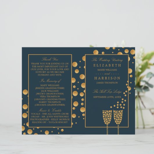 Gold Champagne Bubbles Blue/Gold Wedding Programme (Debout devant)