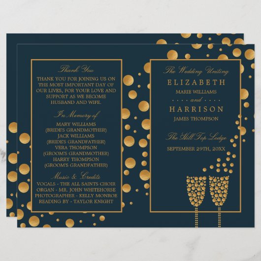 Gold Champagne Bubbles Blue/Gold Wedding Programme (Devant / Derrière)