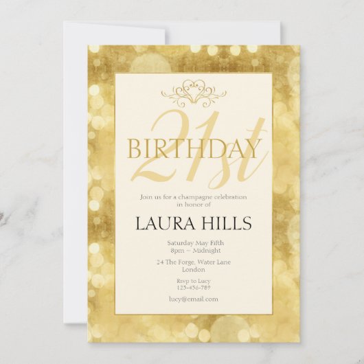 Gold Champagne Bubbles Invitation 21ème Anniversai (Devant)
