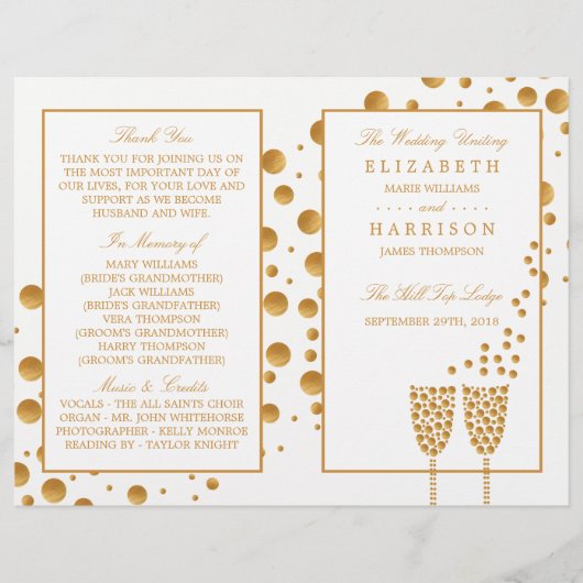 Gold Champagne Bubbles Mariage Bi-fold Programme (Devant)