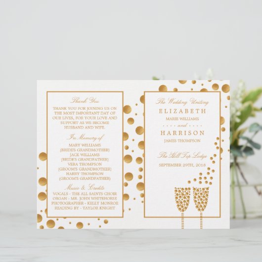 Gold Champagne Bubbles Mariage Bi-fold Programme (Debout devant)