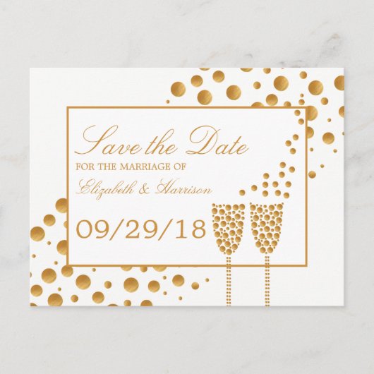Gold Champagne Bubbles Weddenschap bewaart de datu Aankondigingskaart (Voorkant)
