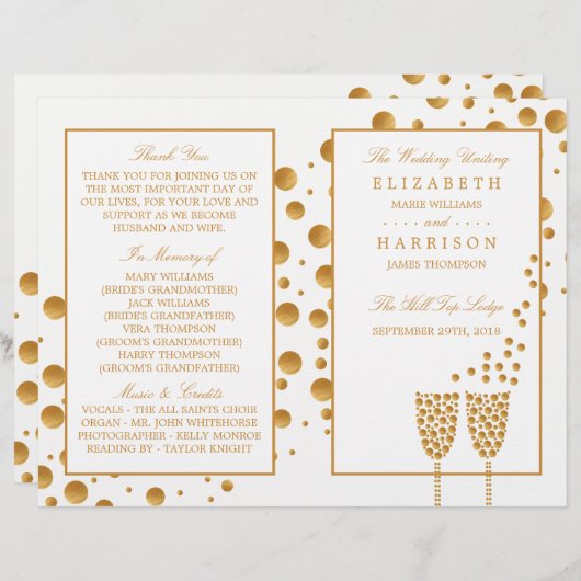 Gold Champagne Bubbles Wedding Bi-voudig Programma (Voorkant / Achterkant)