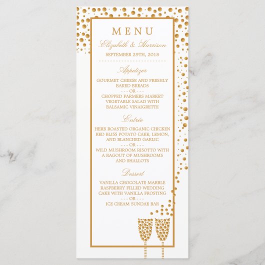 Gold Champagne Bubbles Wedding Menu (Voorkant)