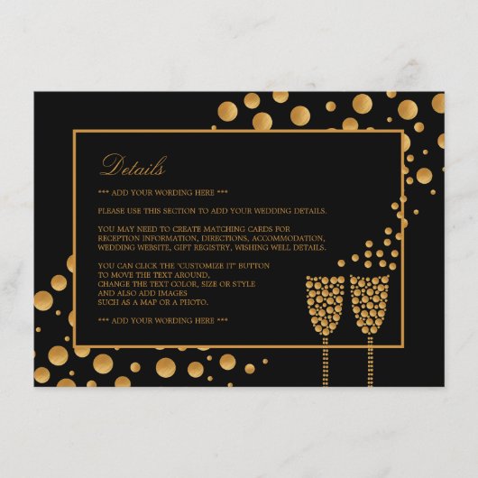 Gold Champagne Bubbles, zwart/goud, bruiloft Detai Informatiekaartje (Voorkant)
