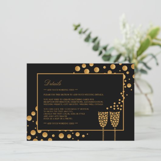 Gold Champagne Bubbles, zwart/goud, bruiloft Detai Informatiekaartje (Staand voorkant)