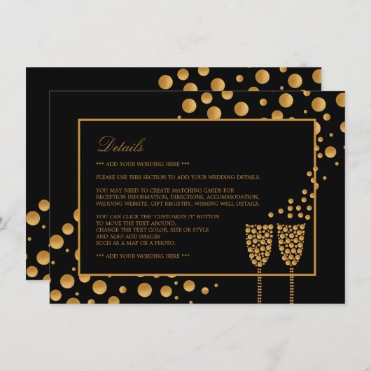 Gold Champagne Bubbles, zwart/goud, bruiloft Detai Informatiekaartje (Voorkant / Achterkant)