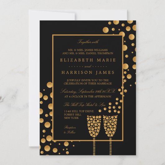 Gold Champagne Bubbles - zwart & goud - bruiloft Kaart (Voorkant)