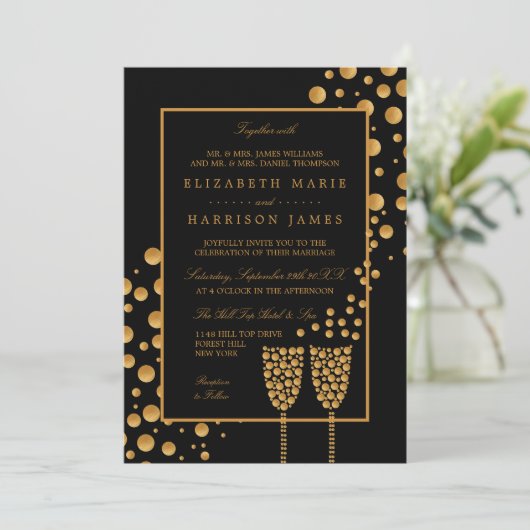 Gold Champagne Bubbles - zwart & goud - bruiloft Kaart (Staand voorkant)