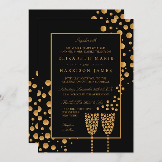 Gold Champagne Bubbles - zwart & goud - bruiloft Kaart (Voorkant / Achterkant)