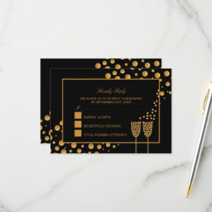 Gold Champagne Bubbles - zwart & goud - bruiloft RSVP Kaartje