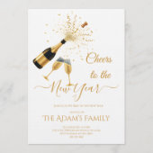 Gold Champagne Cheers New Year Party Invitation Feestdagenkaart (Voorkant)