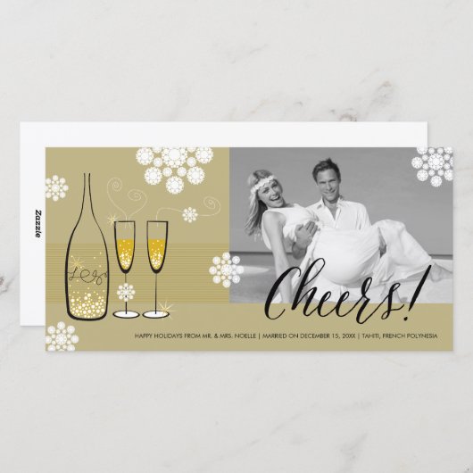 Gold Champagne Cheers Snowflakes Nieuwjaarsfoto Feestdagenkaart (Voorkant / Achterkant)