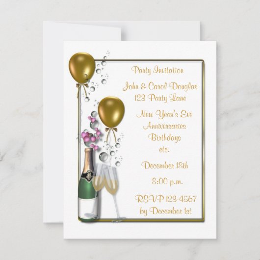 Gold Champagne Party Invitation Kaart (Voorkant)