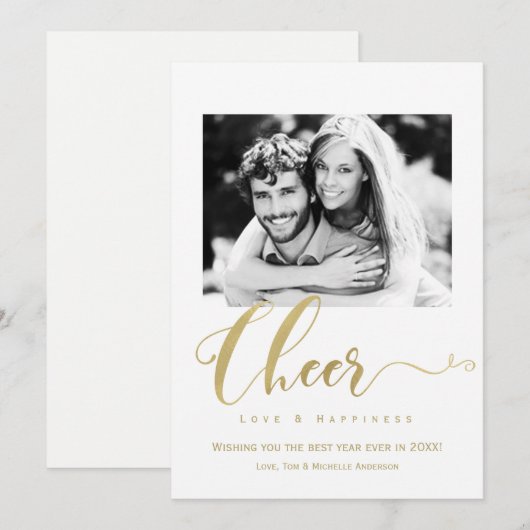 Gold Cheer Holiday New Years Photo Invitation (Devant / Derrière)