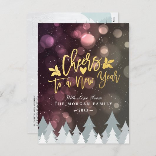 Gold Cheers naar New Year Script Bokeh Sparkle Lig Feestdagenkaart (Voorkant / Achterkant)