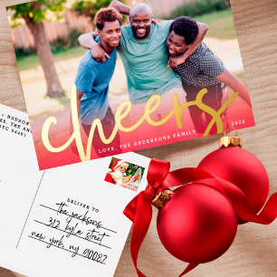 GOLD CHEERS   Rode gradiënt Merry-kerstfoto Folie Feestdagen Briefkaart